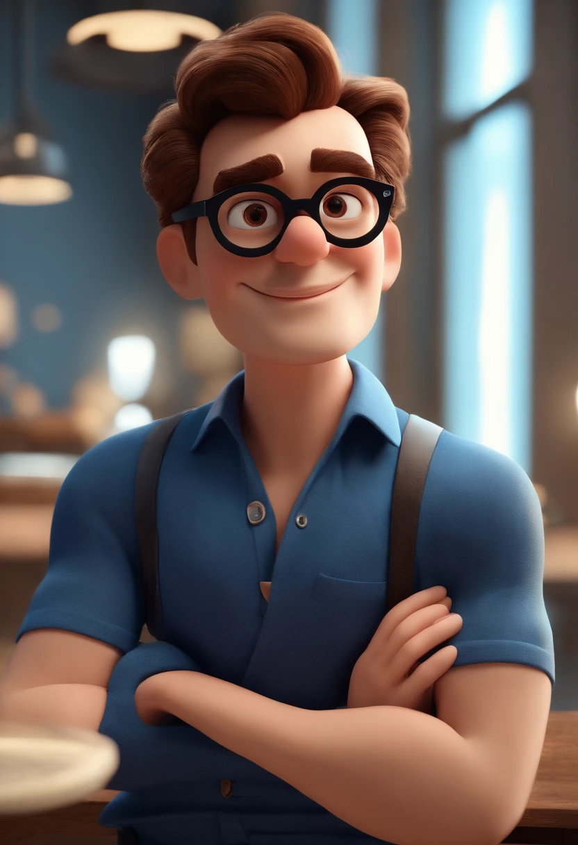 Cartoon character of a man wearing black glasses and a blue shirt, um personagem animado, Caractere estilizado, animation style rendering, 3D estilizado, Arnold Maya render, 3 d render stylized, toon render keyshot, Personagem 3D, Personagem 3D, 3d rendering stylized, 3 d character render, personagem de desenho animado, Personagem de close up, Pose de personagem, (Estilo Pixar) (master part:1.2) (Bokeh) (best quality) (pele detalhada) (textura detalhada) (8k) (argila) (Cinematic lighting) (foco nítido，Senta e vaza a parte superior do corpo