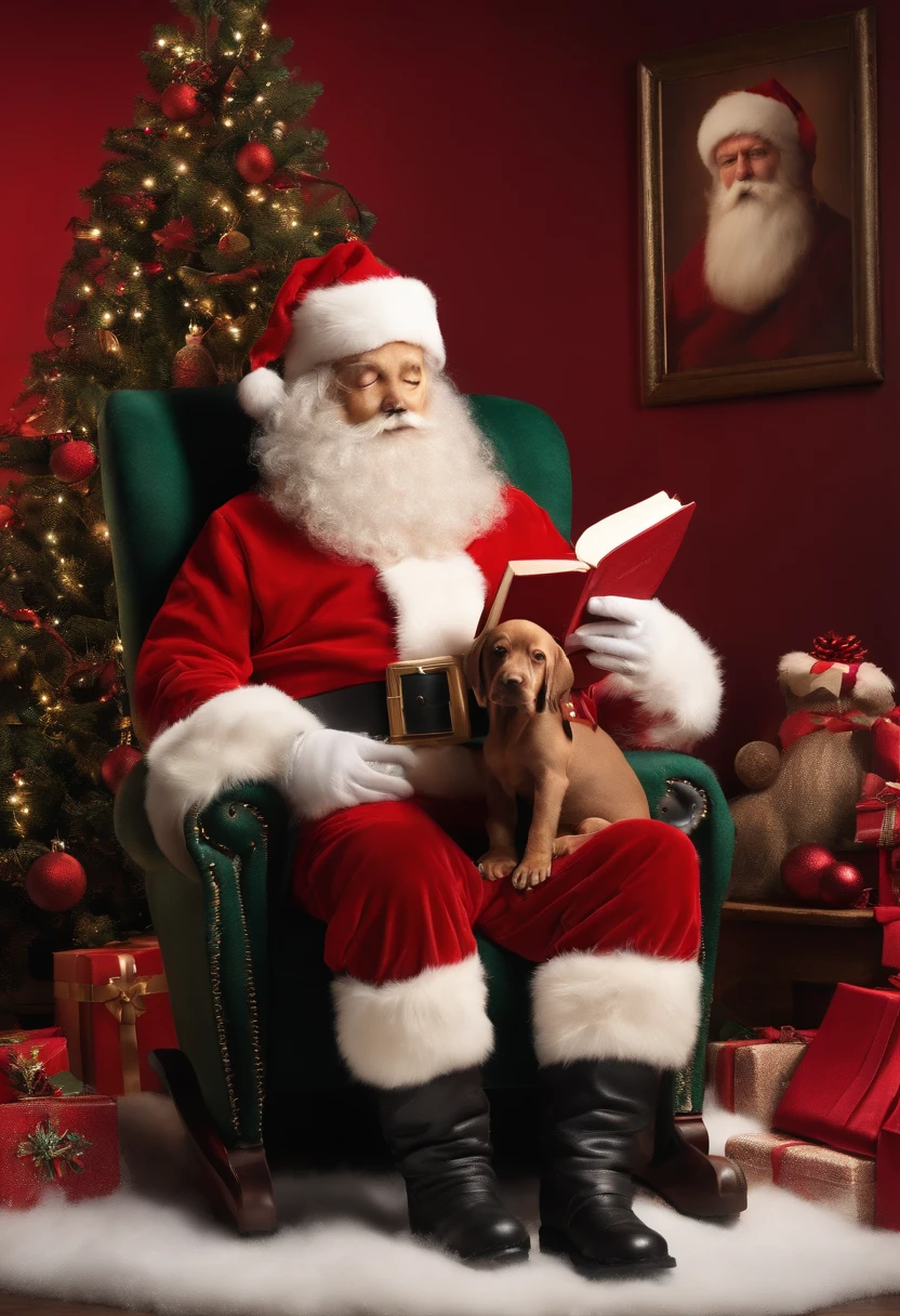imagine, 3D, photo realistic, highly detailed, Santa Claus sitting in a rocking chair, holding red Weimaraner puppy, reading a book. Black boots Christmas tree background