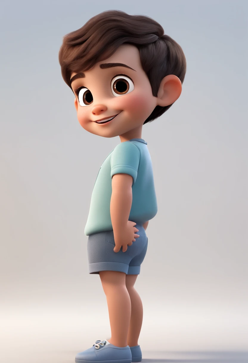 a happy and cute boy with short hair, white background, the , Pixar Style, ..3d, cartoon, detailed face, 16k asymmetrical boy, multiple poses and expressions, white background, book illustration style, disney pixar style , simple, cute, 6 years old, bright colors, short light brown hair, fair skin, light blue short-sleeved shirt, denim shorts, intricate details, sitting on the floor, looking forward, expression of happiness, smiling