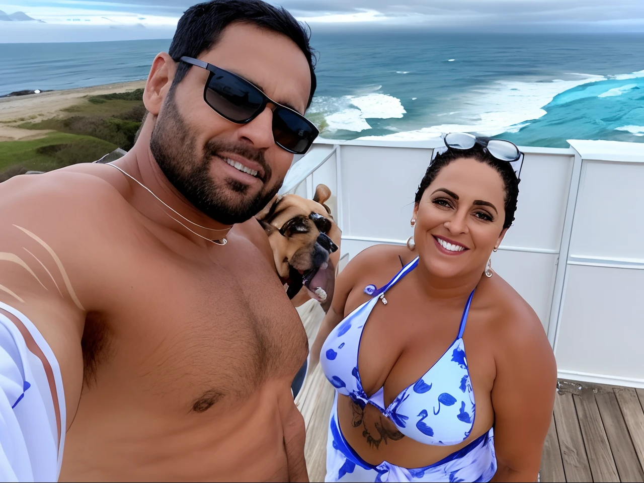 There are two people standing on a deck near the ocean, vacation photo, O oceano ao fundo, na praia, oceano ao fundo, no mar, standing near the beach, imagem de perfil, no oceano, divertindo-se, marido esposa e filho, na praia, on the ocean water, com rostos molhados!!, perto da praia