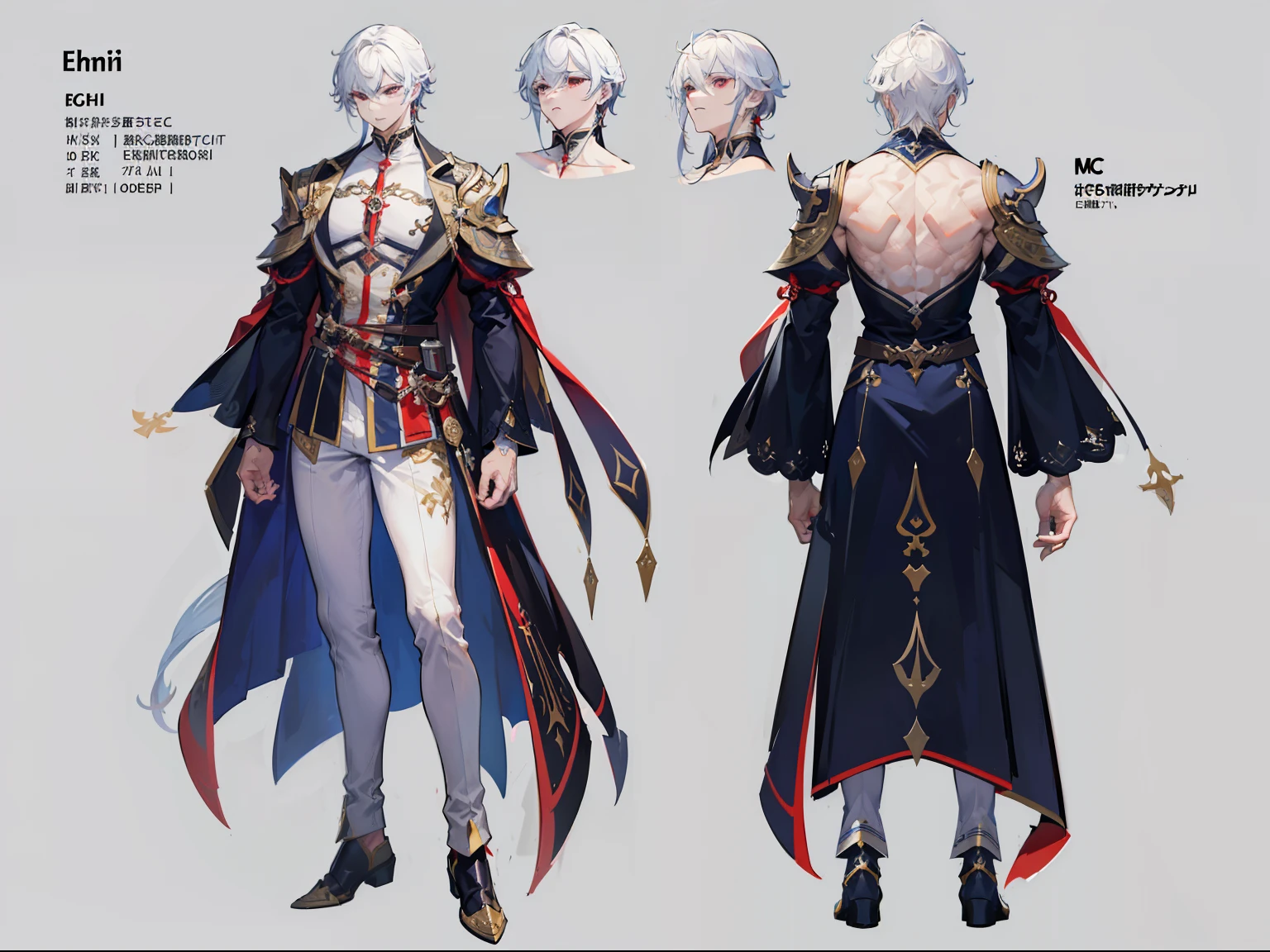 ((Masterpiece, Highest quality)), Male, boy, Detailed face, character design sheet，full body esbian, Full of details, frontal body view, back body view, Highly detailed, Depth, Many parts, Muscle boy with long white hair，handsome man,  vampire outfit clothes, Genshin Impact, man tall, pectoral muscles, abs