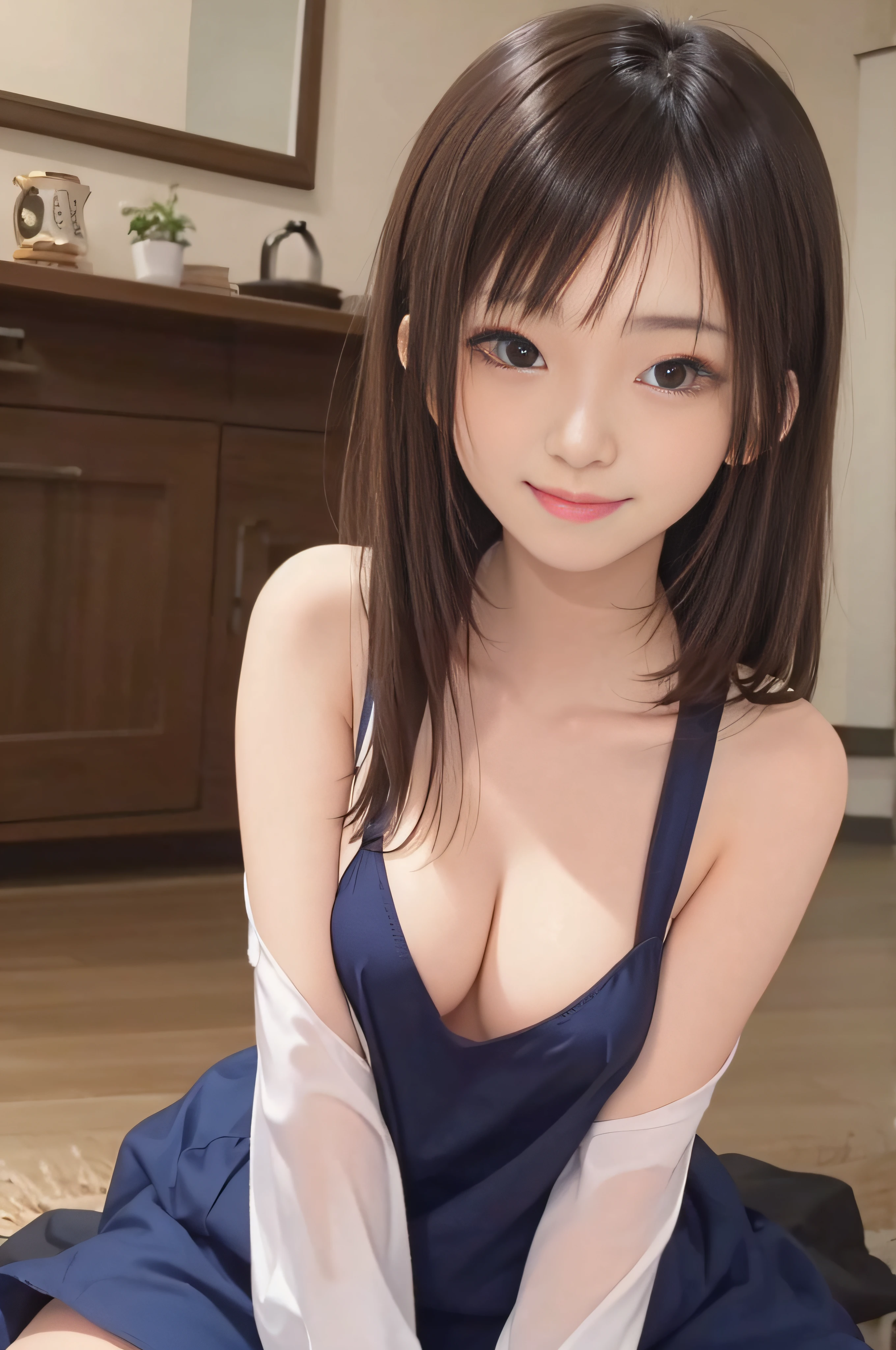 15yo student、a smile、brown haired、beautidful eyes、real looking skin、small tits、(8K、masterpiece)、(reallistic、Photorealsitic)、top-quality、ighly detailed、The ultra-detailliert、Beautie、cute little、japanes、idol