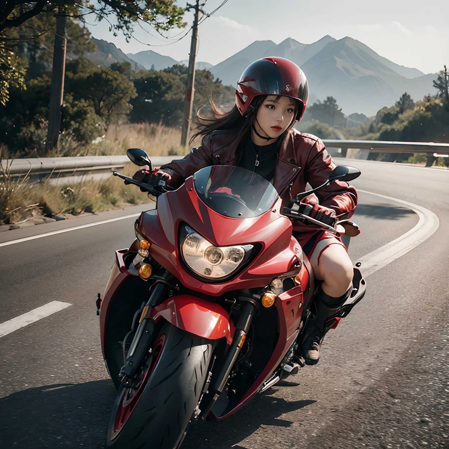 hight resolution、high-level image quality、in 8K、Real live-action、Raw photography、top-quality、masterpiece、masutepiece、(Soft Saturation:1)、(depth of fields:1.2)、(Ray traching:1.2)、landscapes、heavy wind、Big red motorcycle speeding down the highway、Young woman in red dress sitting on a big red motorcycle, Beautiful face、(Red Skin Jacket:1.2)、(Red short skirt:1.3)、white knee highs、Black boots、Grab the controller、sitting on a motorcycle, Wearing a red sci-fi style full-face helmet, full face helmet:1.2、Ride a giant motorcycle, motor cycle, Motorcycles, motorbiker, riding on motorcycle, picture of a female biker, motorbike,Motorcycle displacement: 1300CC、