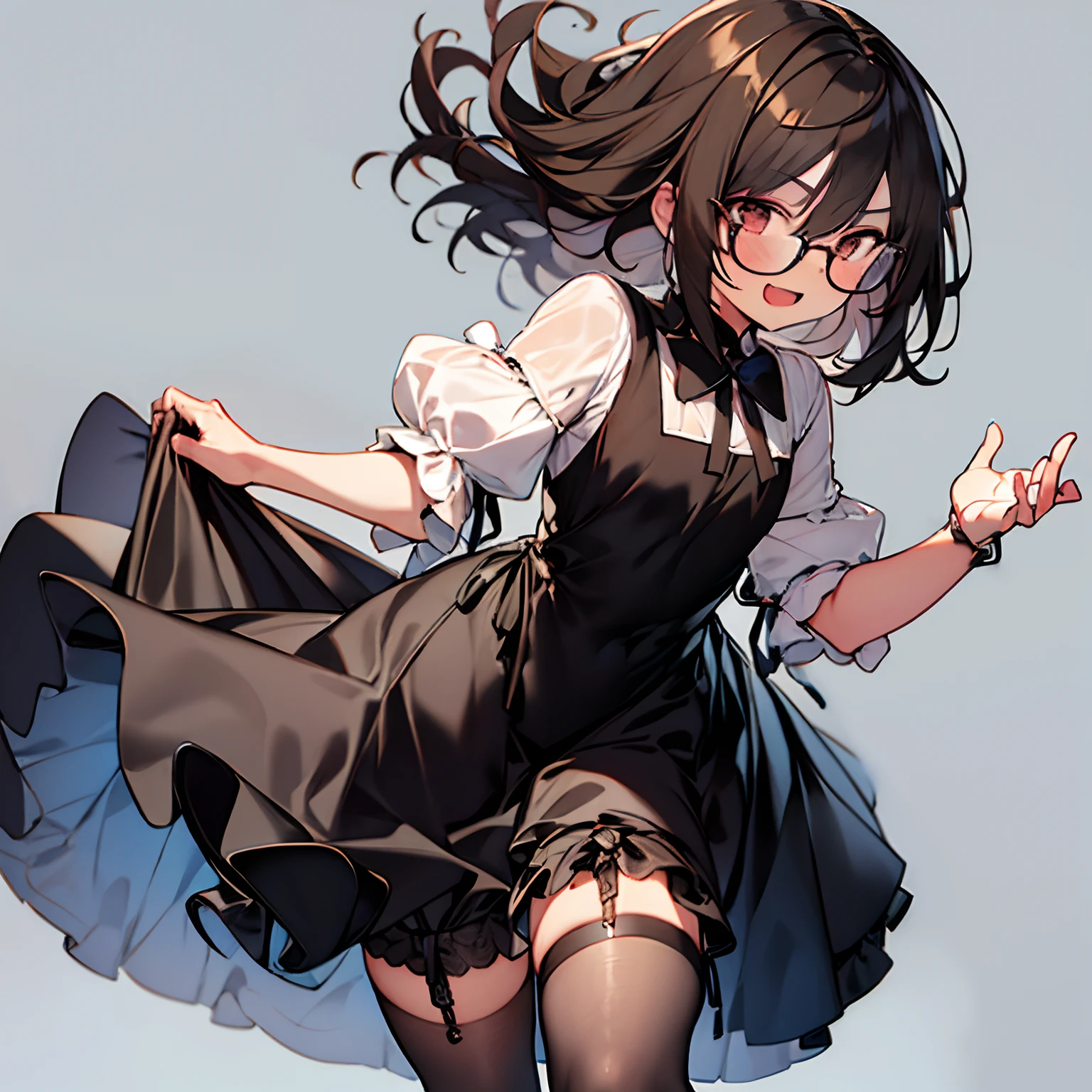 Glasses,sober,pantyhose,dark roots,blush,Braid,child,loli,bangs bangs,black hair,5 years old,best quality,from below,nsfw,foot up,full-face blush,4fingers and 1thumbs,Maid clothes