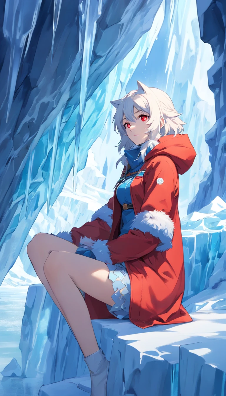(A cold woman in an ice shooter costume sits on the edge of an ice cliff,Arquero con arco de hielo:1.2),(Pelo rojo: 1.5),(Capucha azul esponjosa,ojos azules,cana,Rostro delicado y hermoso:1.3),Fine and perfect anatomy,dynamicposes,Snowy day,Fantasyart,Hay un lobo blanco a su lado,Antecedentes de los glaciares,Debajo de tus pies hay acantilados de hielo,Blanco_Blue gradient rendering,the highest picture quality,high resolusion,Alto detalle,Sombras de objetos,Dynamic light sources,Cloudy days,Screen dimming,tmasterpiece,Arte oficial,Diagrama de cuerpo entero,The white wolf lay beside the woman,Detailed hair representation,,Luna River,Tianqingniu,Flor,1 girl