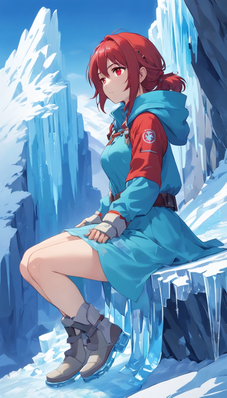 (A cold woman in an ice shooter costume sits on the edge of an ice cliff,Arquero con arco de hielo:1.2),(Pelo rojo: 1.5),(Capucha azul esponjosa,ojos azules,cana,Rostro delicado y hermoso:1.3),Fine and perfect anatomy,dynamicposes,Snowy day,Fantasyart,Hay un lobo blanco a su lado,Antecedentes de los glaciares,Debajo de tus pies hay acantilados de hielo,Blanco_Blue gradient rendering,the highest picture quality,high resolusion,Alto detalle,Sombras de objetos,Dynamic light sources,Cloudy days,Screen dimming,tmasterpiece,Arte oficial,Diagrama de cuerpo entero,The white wolf lay beside the woman,Detailed hair representation,,Luna River,Tianqingniu,Flor,1 girl