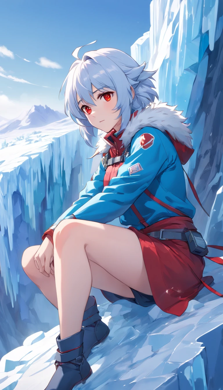 (A cold woman in an ice shooter costume sits on the edge of an ice cliff,Arquero con arco de hielo:1.2),(Pelo rojo: 1.5),(Capucha azul esponjosa,ojos azules,cana,Rostro delicado y hermoso:1.3),Fine and perfect anatomy,dynamicposes,Snowy day,Fantasyart,Hay un lobo blanco a su lado,Antecedentes de los glaciares,Debajo de tus pies hay acantilados de hielo,Blanco_Blue gradient rendering,the highest picture quality,high resolusion,Alto detalle,Sombras de objetos,Dynamic light sources,Cloudy days,Screen dimming,tmasterpiece,Arte oficial,Diagrama de cuerpo entero,The white wolf lay beside the woman,Detailed hair representation,,Luna River,Tianqingniu,Flor,1 girl