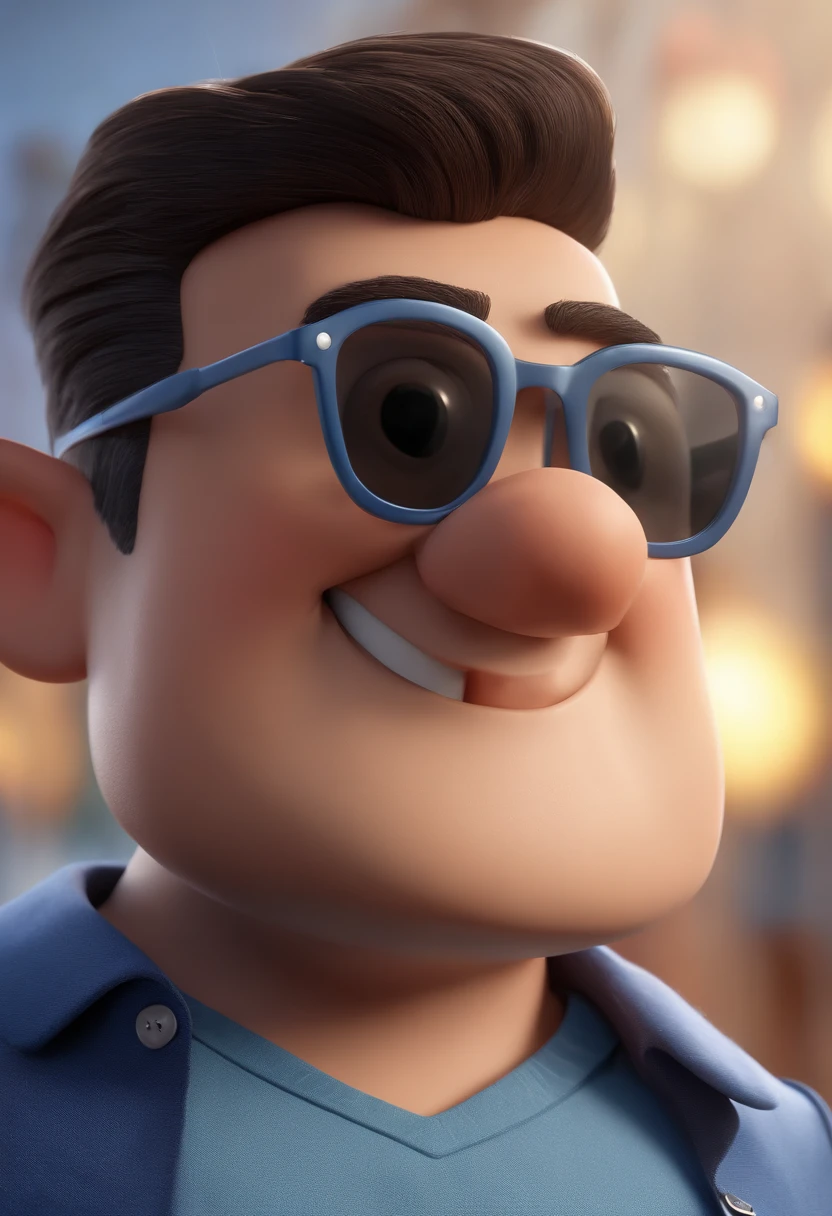 Cartoon character of a man with black glasses and a blue shirt, animation character, Caractere estilizado, animation style rendering, 3D estilizado, Arnold Maya render, 3 d render stylized, toon render keyshot, Personagem 3D, Personagem 3D, 3d rendering stylized, 3 d character render, personagem de desenho animado, Personagem de close up, Pose de personagem,  (Estilo Pixar) (master part:1.2) (Bokeh) (best quality) (pele detalhada) (textura detalhada) (8k) (argila) (Cinematic lighting) (foco nítido