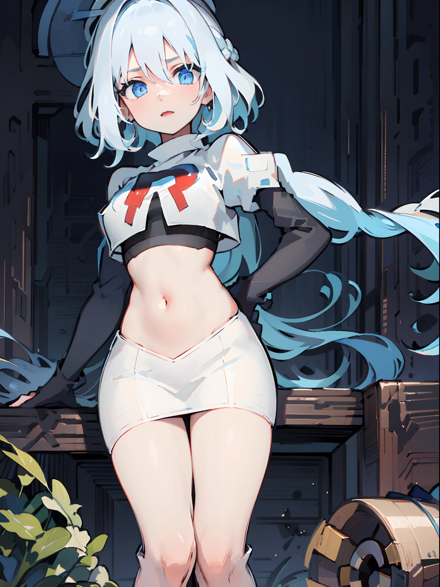 furina, 1girl, solo, long hair, blue eyes, jewelry, blue hair, ahoge, blue hair, white hair, heart, streaked hair, symbol-shaped pupils,blue headwear, top hat,team rocket,team rocket uniform,white skirt,crop top, black thigh-high boots,black elbow gloves,