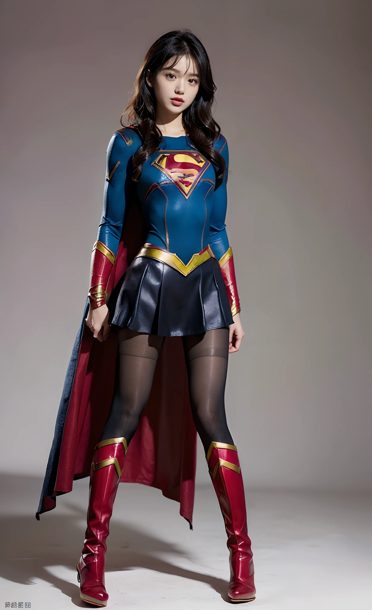 No background、(((Beautiful legs in black tights.)))、(((Legally express the beauty of your smile)))、((((Make the most of your original images)))、(((Supergirl Costume)))、(((Beautiful Hair)))、(((suffering)))、(((Please wear black tights....、Wear red boots)))、((Best image quality、8K))、((highest quality、8K、masterpiece:1.3))、(((Preserve background )))、Sharp focus:1.2、Beautiful woman with perfect figure:1.4、Thin abdominal muscles:1.2、Wet body:1.5、Highly detailed face and skin texture、8K