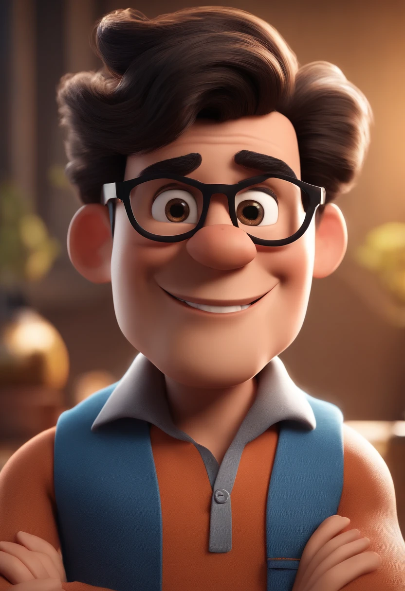 Cartoon character of a man with black glasses and a blue shirt, animation character, Caractere estilizado, animation style rendering, 3D estilizado, Arnold Maya render, 3 d render stylized, toon render keyshot, Personagem 3D, Personagem 3D, 3d rendering stylized, 3 d character render, personagem de desenho animado, Personagem de close up, Pose de personagem, (Estilo Pixar) (master part:1.2) (Bokeh) (best quality) (pele detalhada) (textura detalhada) (8k) (argila) (Cinematic lighting) (foco nítido