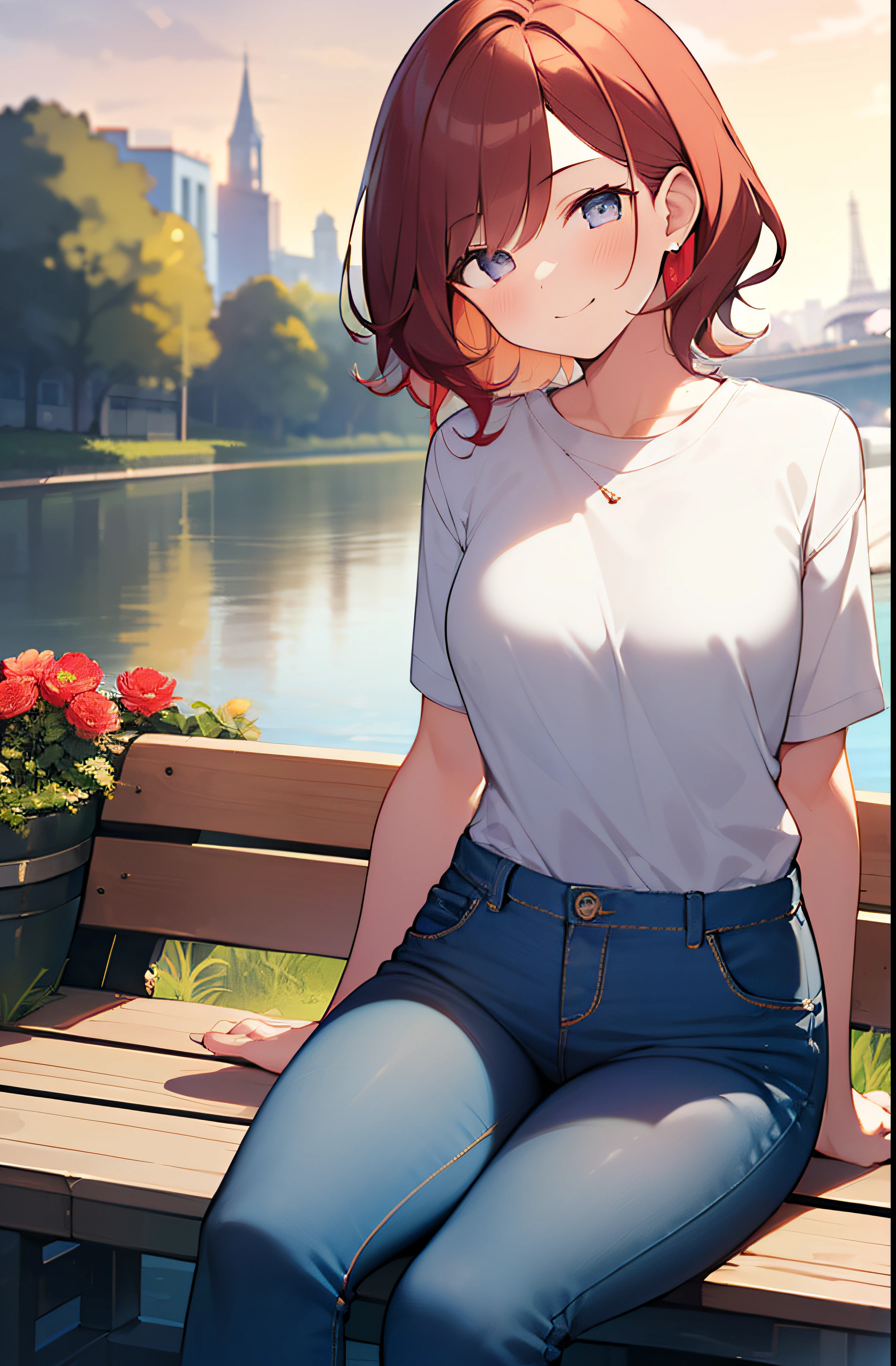 Digital Art, (girl, Red_hair, Flowers, baggy jeans, White shirt, discret smile, Cute look), (Sitting on a bench, river in the background, the golden hour),, Daniil Sponitsky Dzegman