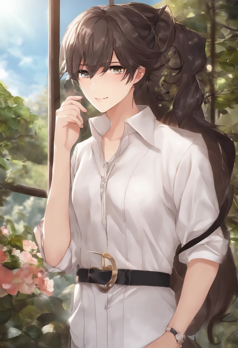 master part, anime, kawaii, fofo, Romantic, best quality, 2Outros, par, maduro, adulto, height difference, moda diferente, cor diferente, roupas casuais, mangas compridas, sorrir, Feliz, amor, Vento agitado, blue skies, homem com cabelo comprido, Homem com cabelo castanho claro, mulher com cabelo preto, mulher com cabelo preto