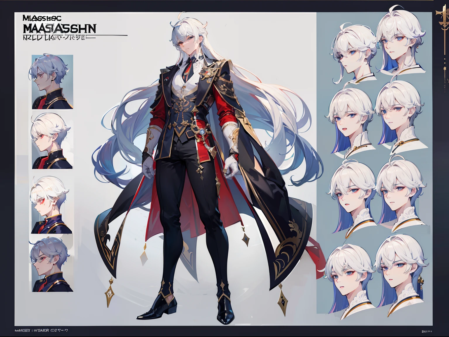((Masterpiece, Highest quality)), Male, boy, Detailed face, character design sheet, full bodyesbian, Full of details, frontal body view, back body view, Highly detailed, Depth, Many parts, Muscle boy with white long hair,handsome man, vampire outfit clothes, Genshin Impact, man tall