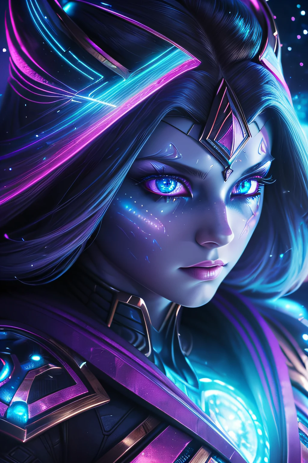 Galactic Sorceress, glowing sclera, hypnotic eyes, cyan color (intricate details), hdr, (hyper detailed:1.2), cinematic shot, ((Masterpiece, high quality, best quality, official art, beauty and aesthetics, detailed face, detailed eyes))