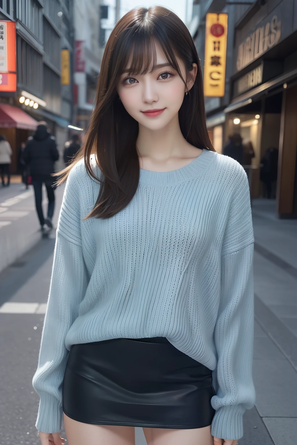 (RAW Photos: 1.2), (Photorealistic: 1.4), (Best Quality: 1.4), Ultra High Resolution, (Detailed eyes), (detailed facial features), (Detailed clothing features), nffsw, 8K resolution, Solo Focus, Bangs, skin tightening, (Slender girl), Dreamy, japanes, (Ultra-fine illustration), landscape, No text, medium breasts, Straight hair, Short hair, Dark hair, Dark eyes, One girl, Full body, a miniskirt, background is night park, AngelT, light blue tight sweater, Cute, Sexy, (Smile)