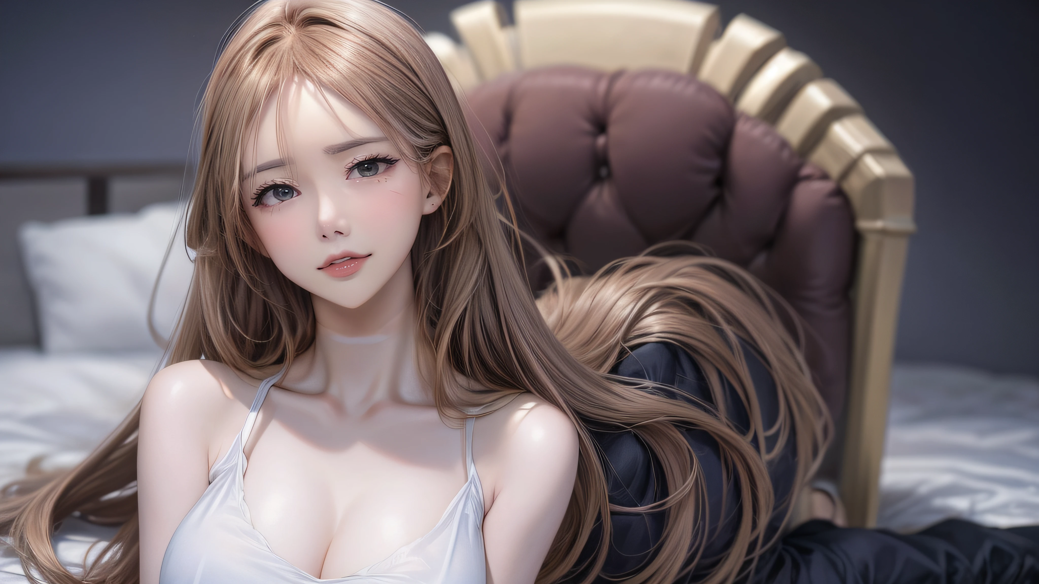 (Close-up),(1girl,ultra detailed skin,beautiful breasts,large breasts,pale skin,pointy breasts,erect nipples),((Hyperrealist portrait:1.5),(8k),ultra-realistic,high detail,high resolution,best quality,masterpiece,Sense of presence,Dynamic,bold),(thin and soft hair:1.8),straight hair,Swept long bangs,extra light coppery amber hair,hair over one eye,(clothed,school uniform)