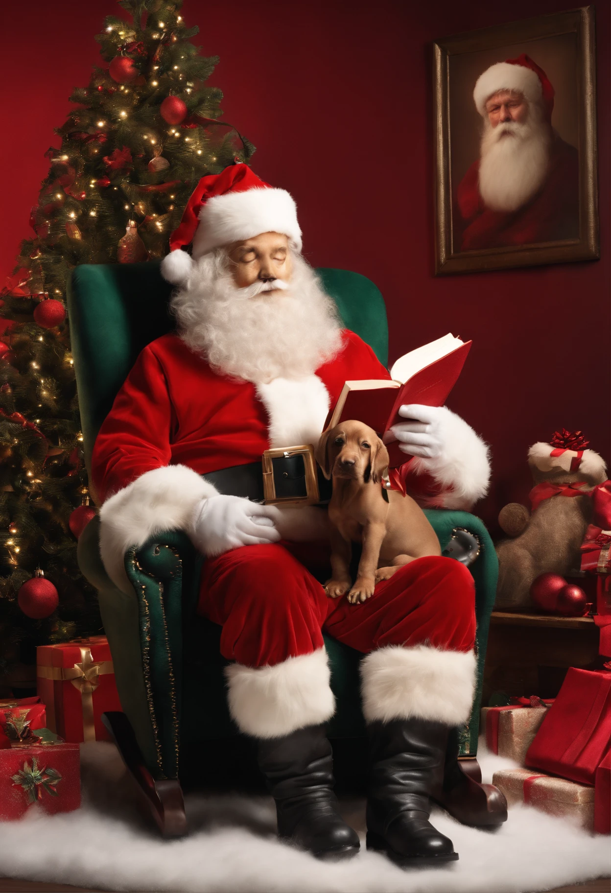 imagine, 3D, photo realistic, highly detailed, Santa Claus sitting in a rocking chair, holding red Weimaraner puppy, reading a book. Black boots Christmas tree background