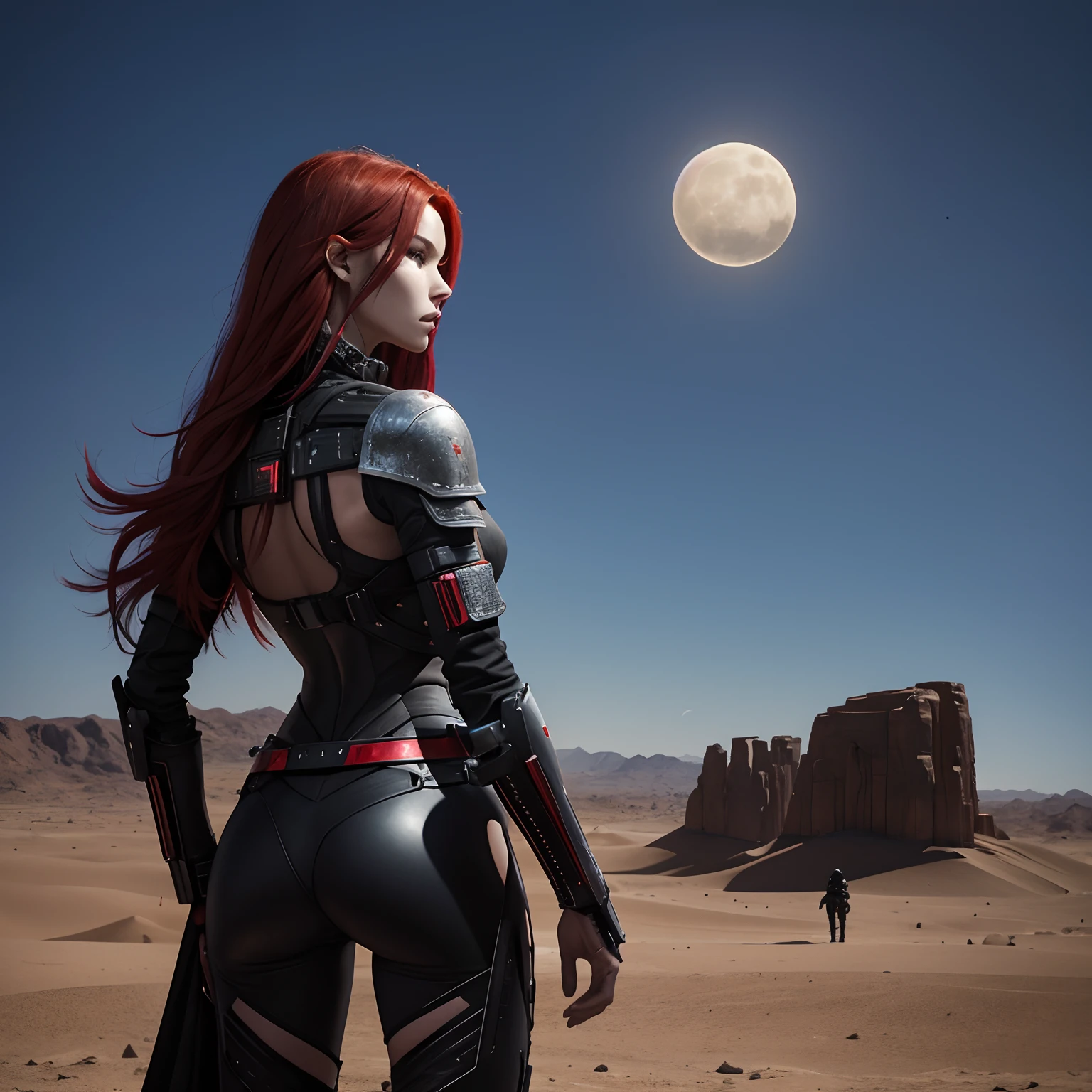Attractive warrior with long red hair, completely black cyberpunk armor, slender body, we see her back on the hill of a desert world observing a large, slightly advanced city, during the day a large desert with two moons in the sky