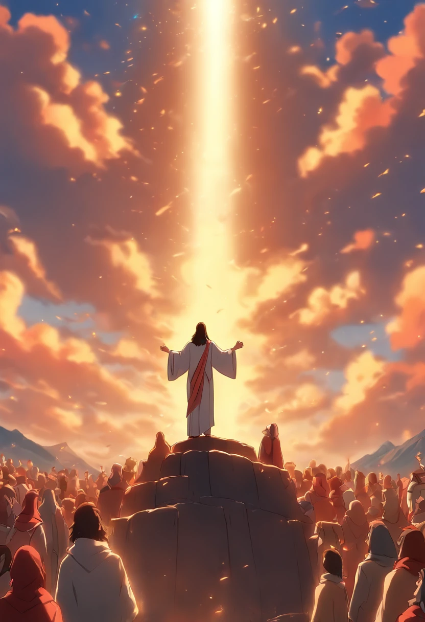 Create a 3D poster of Jesus standing preaching to the crowds on the top of the mountain, estilo pixar, people fascinated by the preaching of Jesus Christ.