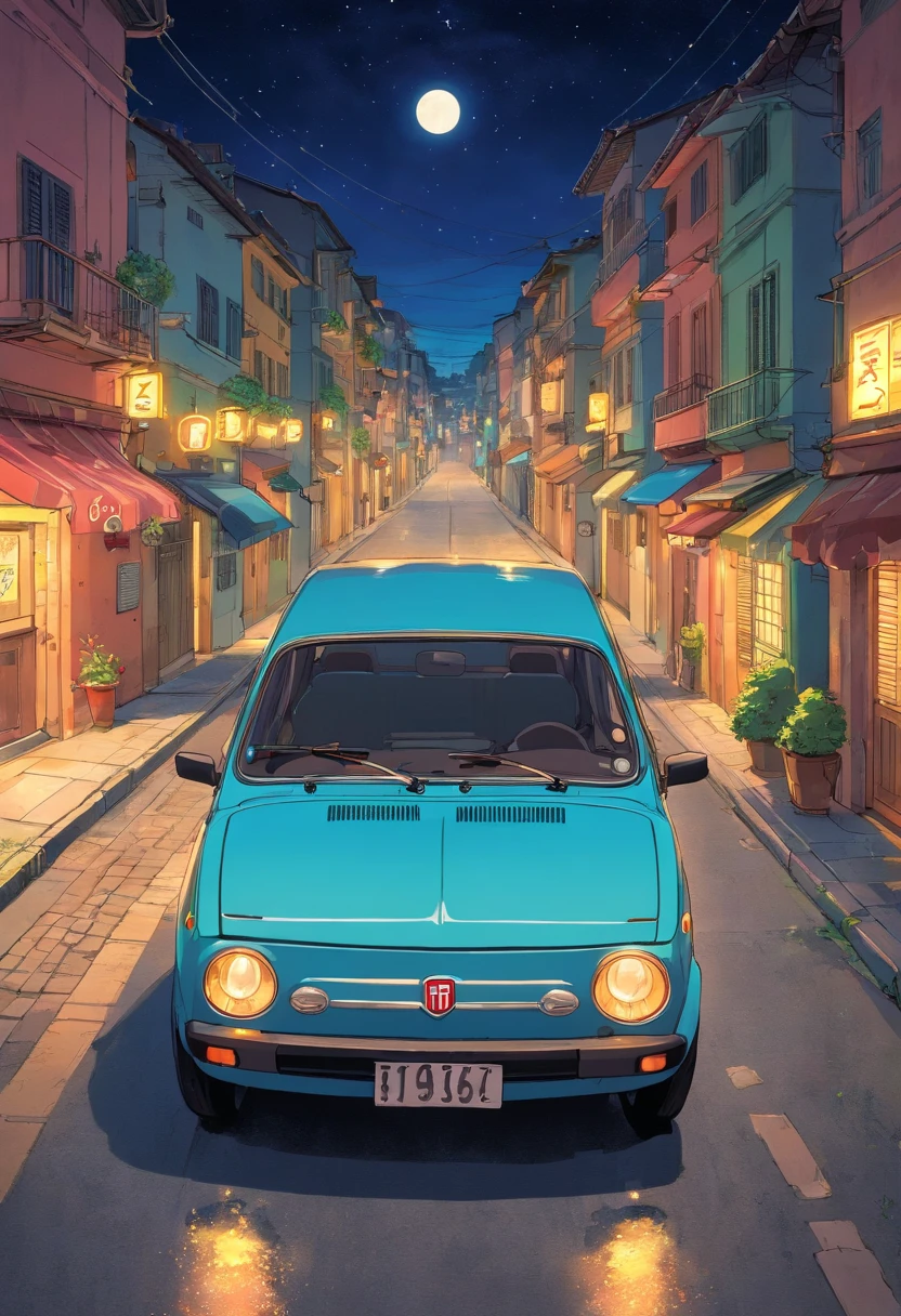 Carro Fiat Punto branca em uma estrada de 1980 molhada vista lateral noite sombria