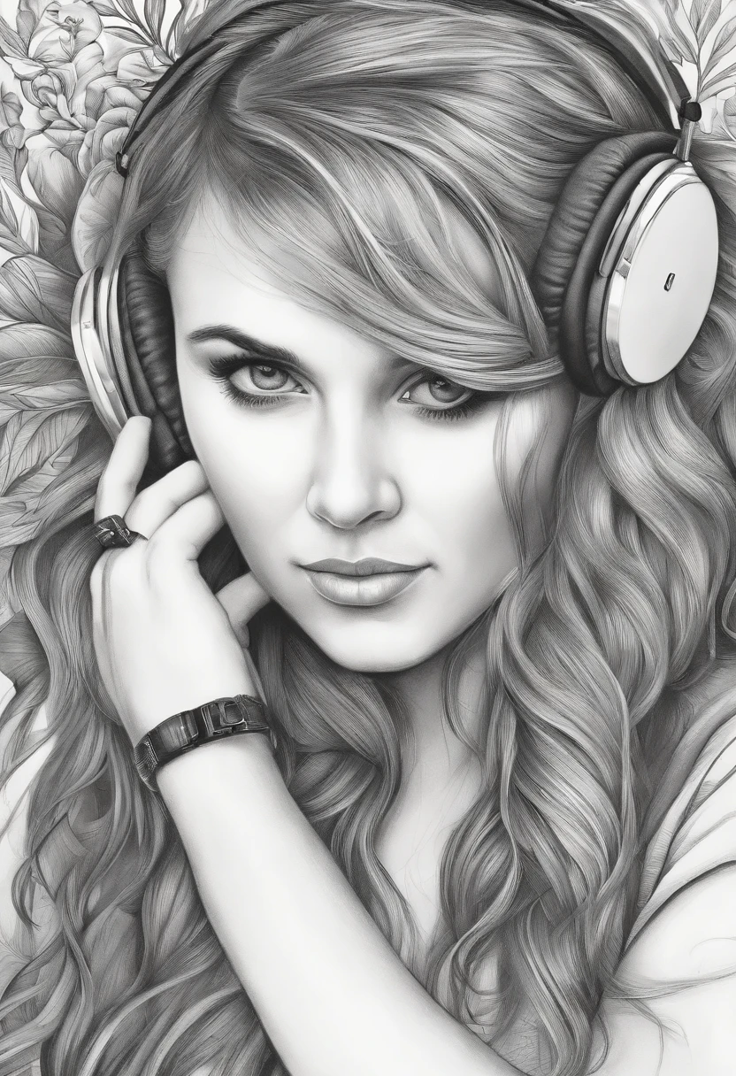 Dibujo para colorear de una chica con auriculares puestos
