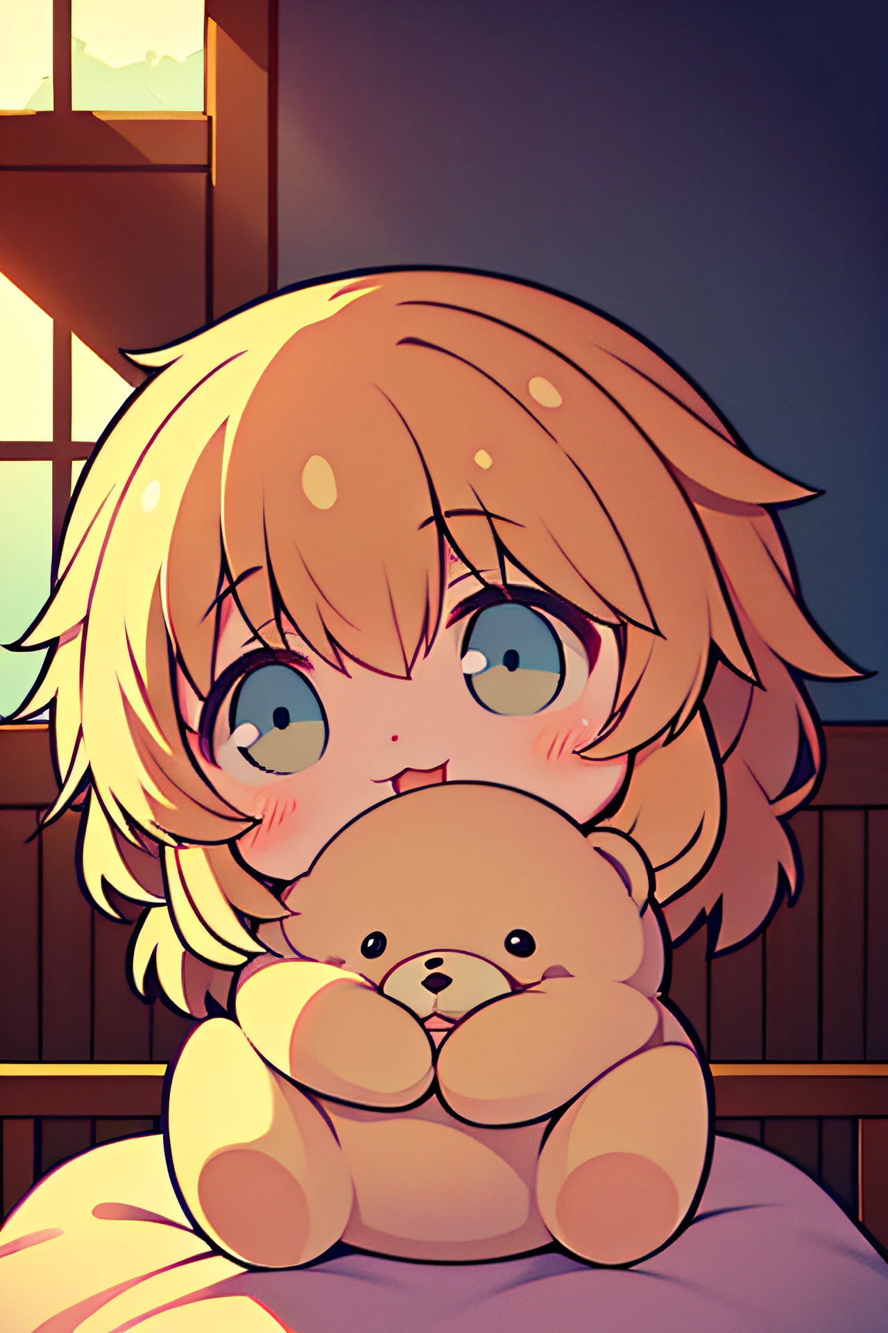 Create an adorable scene of a fluffy baby animal cuddling with a vintage teddy bear in a cozy, sunlit room. Make it heartwarming and nostalgic, evoking feelings of comfort and joy, Ghibli-like colours, 4K