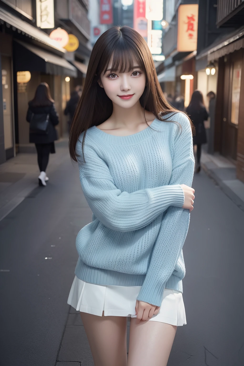 8K resolution, Surreal, Very detailed, high quality,Perfect Anatomy, (girl: 1.1), girl1名, Beautiful Japanese Women,Age 25,Detailed face, Long Hair, (Camel Toe), cute, Japanese idol faces, smile,Neat blue sweater