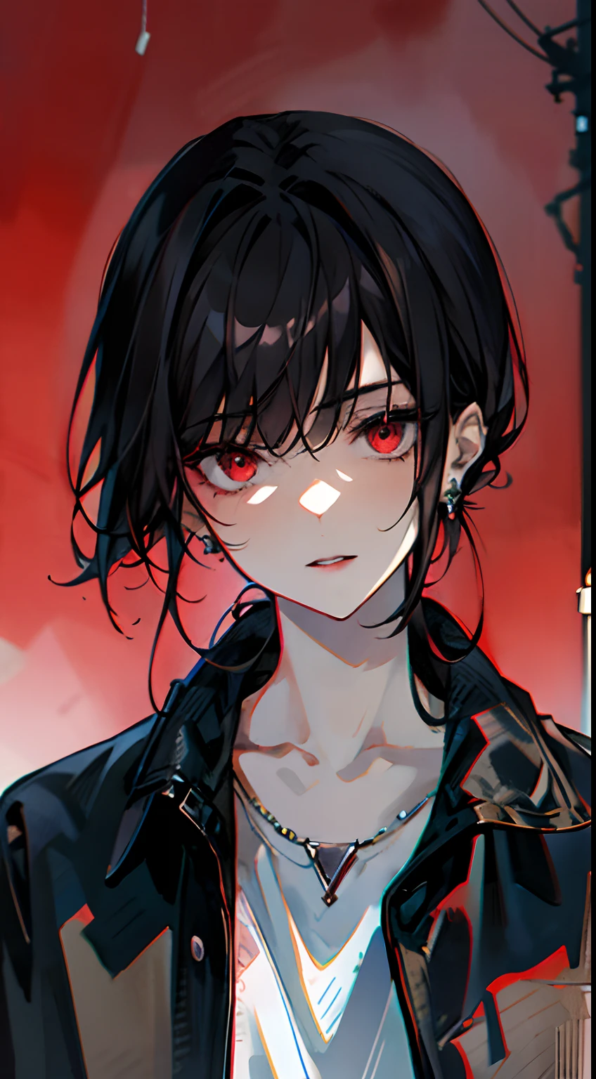 1boy， （close-up face， tmasterpiece， best qualtiy：1.2）， 8k，(1girll, Upper body:1.7), Masterpiece, Best quality, 8K, absurderes, Beautiful face, flight jaket, Perspective, Depth of field, From below, metal signs, Buildings, Damaged wall paint, dirty and cracked concrete wall, cable wires, Dusty, Road, Slender, hdr, (bleach bypass, ginnokoshi:0.8), facelight, Cinematic lighting, Professional lighting, High contrast, Sharp focus, A high resolution, Photography, Hyperrealistic, Ultra detailed, sharp detailed, finedetail，offcial art， hoang lap， gotik， Studded leather jacket and necklace， pierced earrings， （smokey red eye shadow with glitter， Glazed pink red lip：0.9）， Very dark red background， HDR， Face light， hyper realisitc， A high resolution， photography of， filmgrain， color difference， Sharp focus， HDR， Face light source， 动态照明， cinmatic lighting， Professional shadows， dark shadow， highest details，extremy detailed，hyper-detailing，finedetail，realskin，exquisitefacialfeatures，detailed faces and eyes，Sharp pupils，realistic pupil，（brunette color hair：1.4）