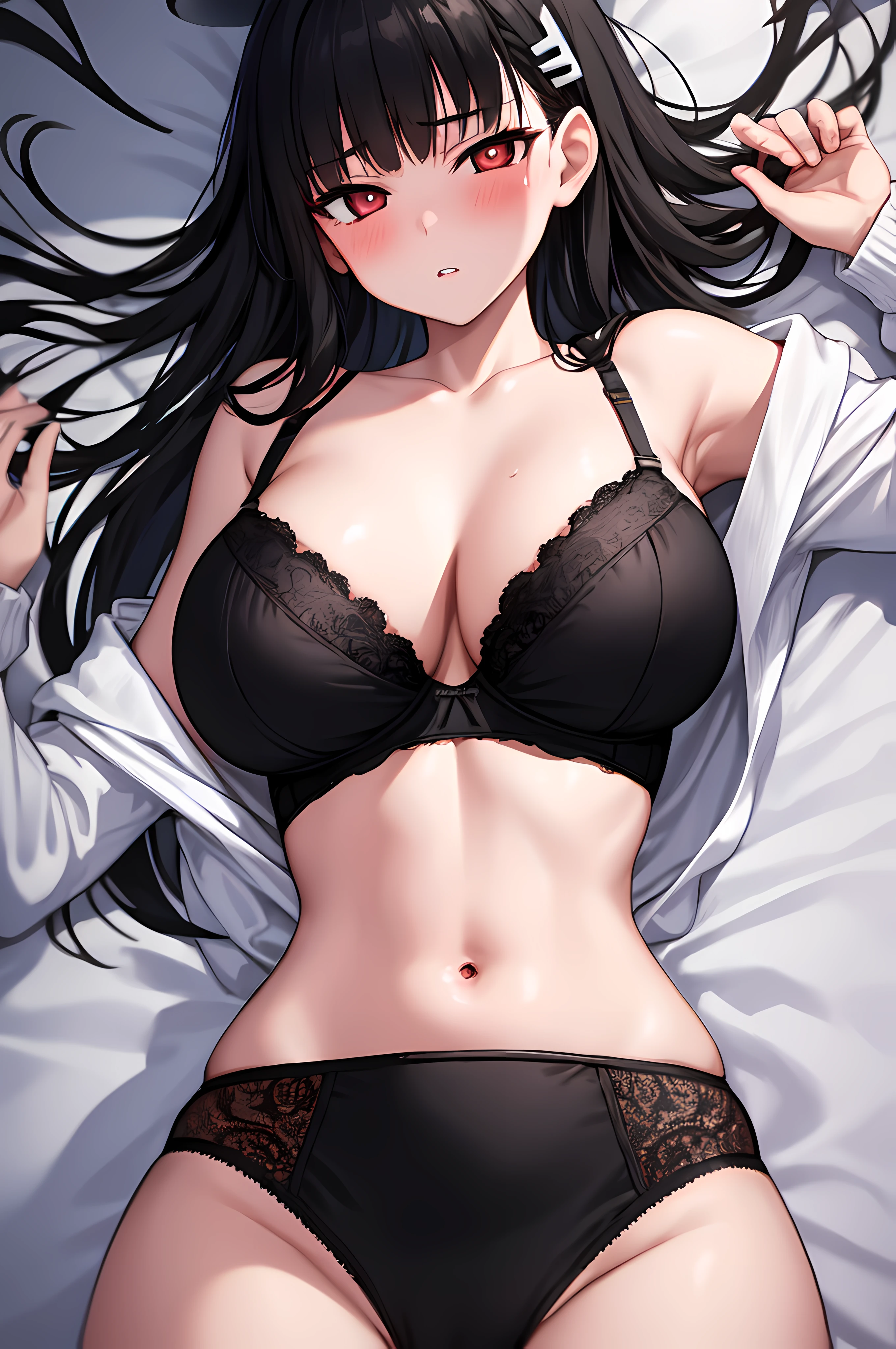 1girl, rio, blunt bangs, long hair, halo, hair ornament, white sweater, long sleeves, hand on own chest, on bed, lying, close-up, nipslip, black bra, parted lips, steaming body, blush