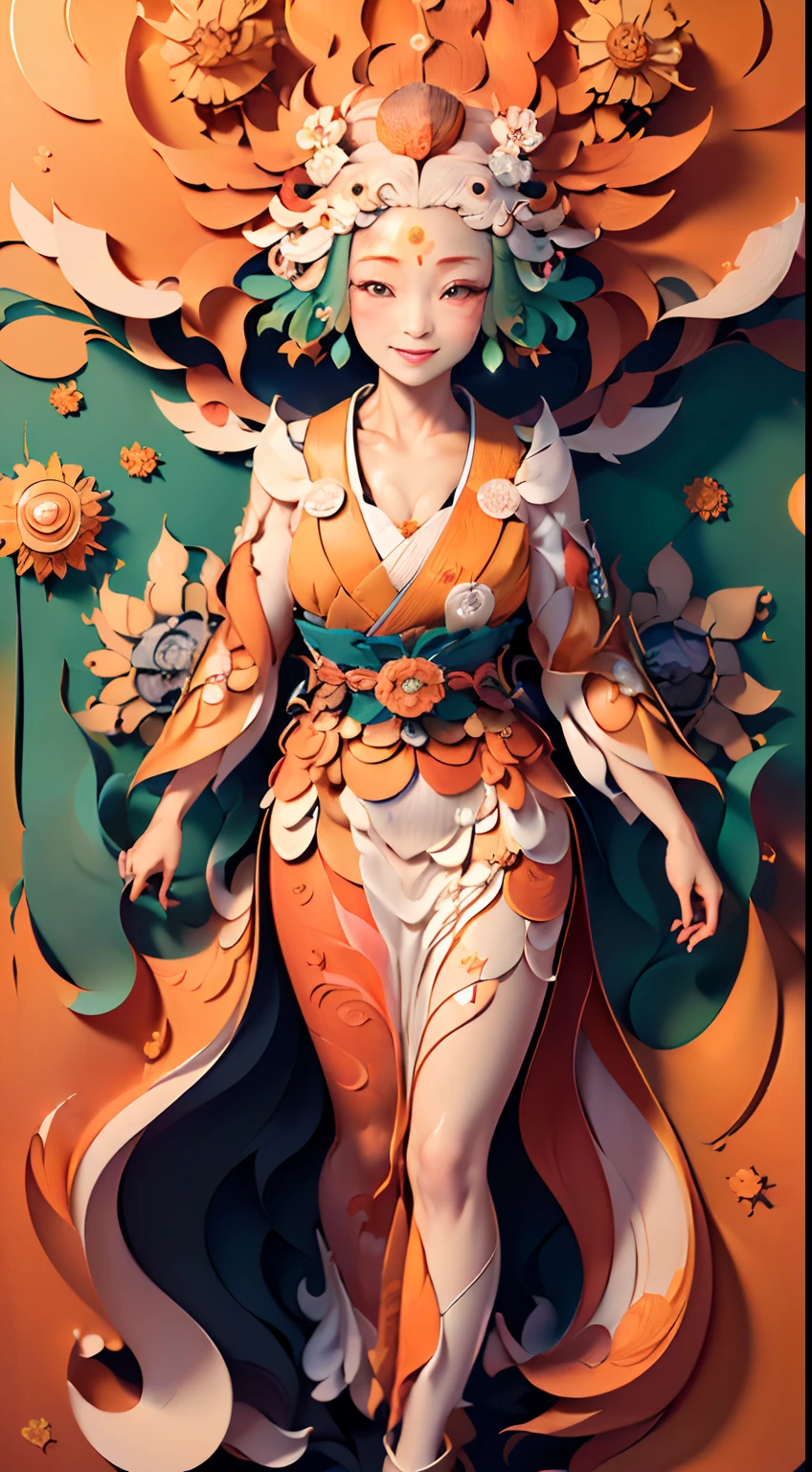 (((((((masterpiece))), better quality, illustrations, beautiful details shine,
paper_cut, details, tree,amaterasu goddess of the sun , japanese goddess, cheerful,orange color combinations