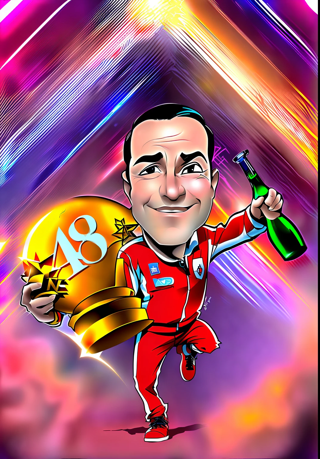 A cartoon of a man holding a trophy and a bottle, comemorando 48 anos de vida, cabelos pretos, estilo caricatura, Winning illustration, desenhado como o anime speed racer, Arte digital premiada, caricature illustration, arte digital dos desenhos animados, uau!, !8k!, desenhado digitalmente, Detalhes adicionais, Arte digital premiada, arte digital, arte digital, Tony Sart altamente detalhado, inspirado em Kev Walker no estilo Disney pixar melhor qualidade, maior qualidade.
