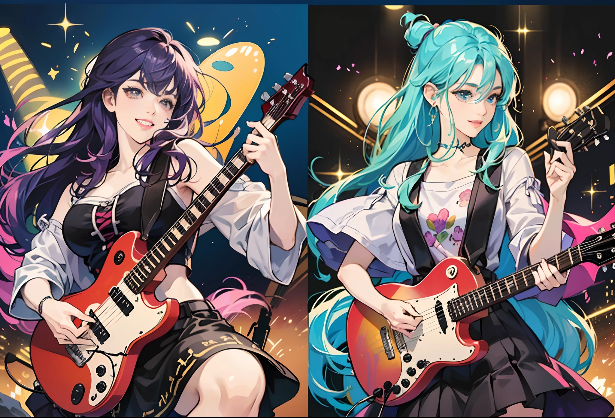 (vibrant colors, super colors, digital drawing style: 1.1), (pleasant atmosphere, fun: 1.1, fun, exciting), holding a guitar, (diffuse lighting), (rock concert, big show), (anime style: 1.1, hand-drawn, super detailed), (symmetry), (no anomalies) --auto --s2