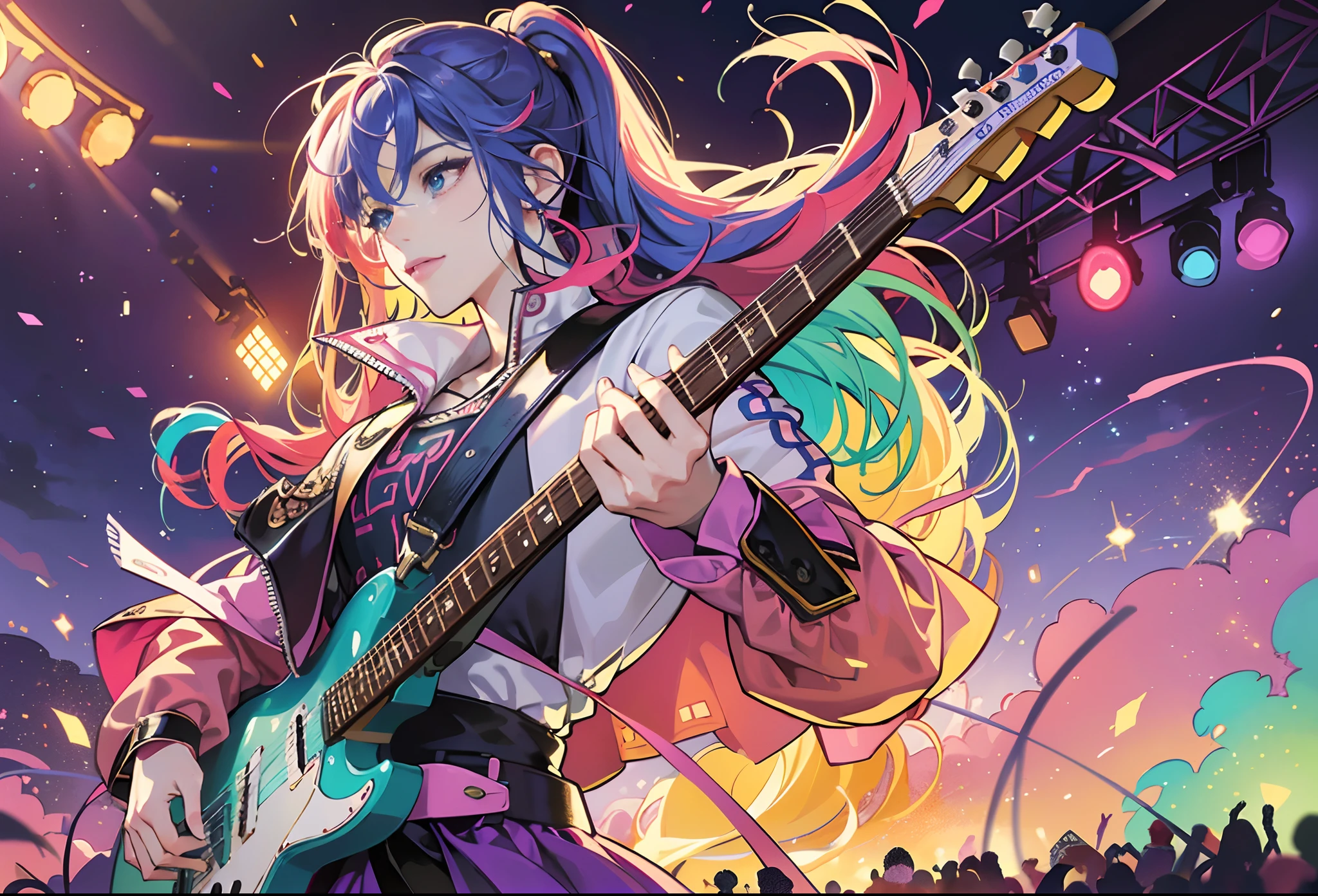 (vibrant colors, super colors, digital drawing style: 1.1), (pleasant atmosphere, fun: 1.1, fun, exciting), holding a guitar, (diffuse lighting), (rock concert, big show), (anime style: 1.1, hand-drawn, super detailed), (symmetry), (no anomalies) --auto --s2