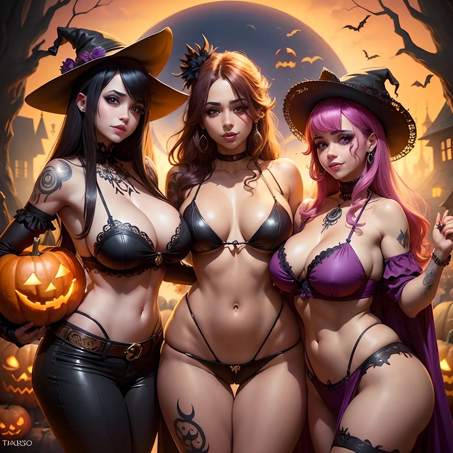 fantasy style, chica alta y flaca, tetas grandes, trasero grande, cabello rubio ondulado, Halloween Mask, sangriento, Tatuajes, They are smiling, Cara detallada