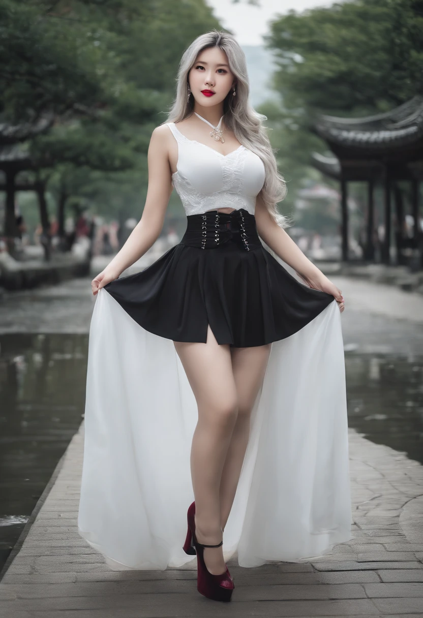 beautiful Korean women,long whitr hair,high-heels,27yo,whip, whip,Perspective black，Gilet blanc,white skinned,black garter stockings,Sheer maroon maxi skirt,Overweight,thighs thighs thighs thighs,White pedicure