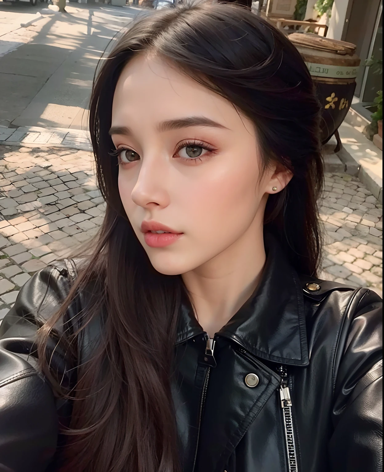 um close up de uma mulher com cabelos longos usando uma jaqueta preta, pale-skinned persian girl, dilraba dilmurat, with pale skin, Yelena Belova, Taran Dasha, 19-year-old girl, com cabelos longos e olhos penetrantes, Anna Nikonova aka Newmilky, Anastasia Ovchinnikova, julia gorokhova