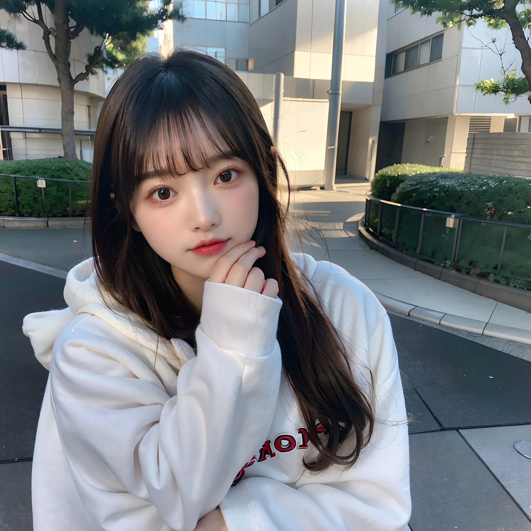 Beautiful expression、Soft lighting、Shot with Sony a7III.、portrait shot、Have a SLR camera、wearing hoodies、Soft Evening,Portrait of a beautiful Japan woman,Missing the line of sight,A slightly embarrassed look