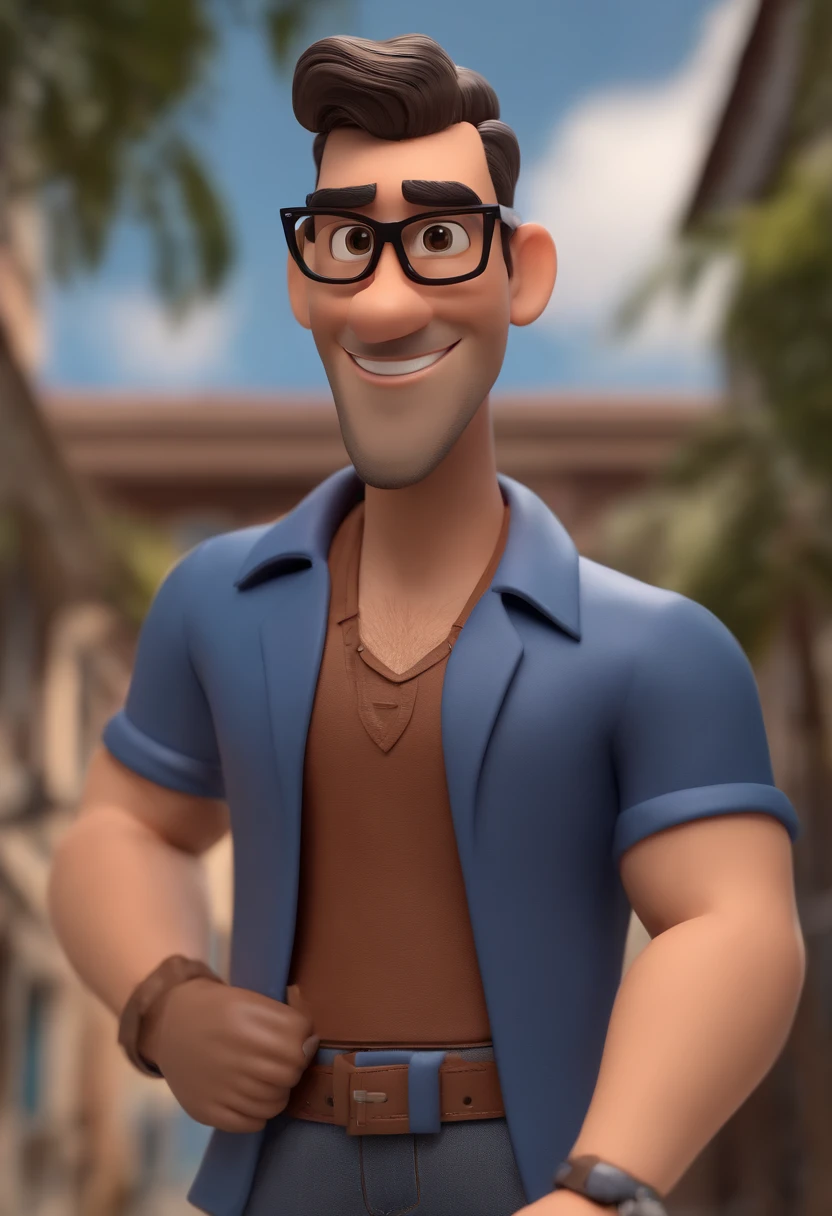 Cartoon character of a man with black glasses, cabelo cacheado marrom escuro e uma camisa azul, animation character, Caractere estilizado, animation style rendering, 3D estilizado, Arnold Maya render, 3 d render stylized, toon render keyshot, Personagem 3D, Personagem 3D, 3d rendering stylized, 3 d character render, personagem de desenho animado, Personagem de close up, Pose de personagem, (Estilo Pixar) (master part:1.2) (Bokeh) (best quality) (pele detalhada) (textura detalhada) (8k) (argila) (Cinematic lighting) (foco nítido