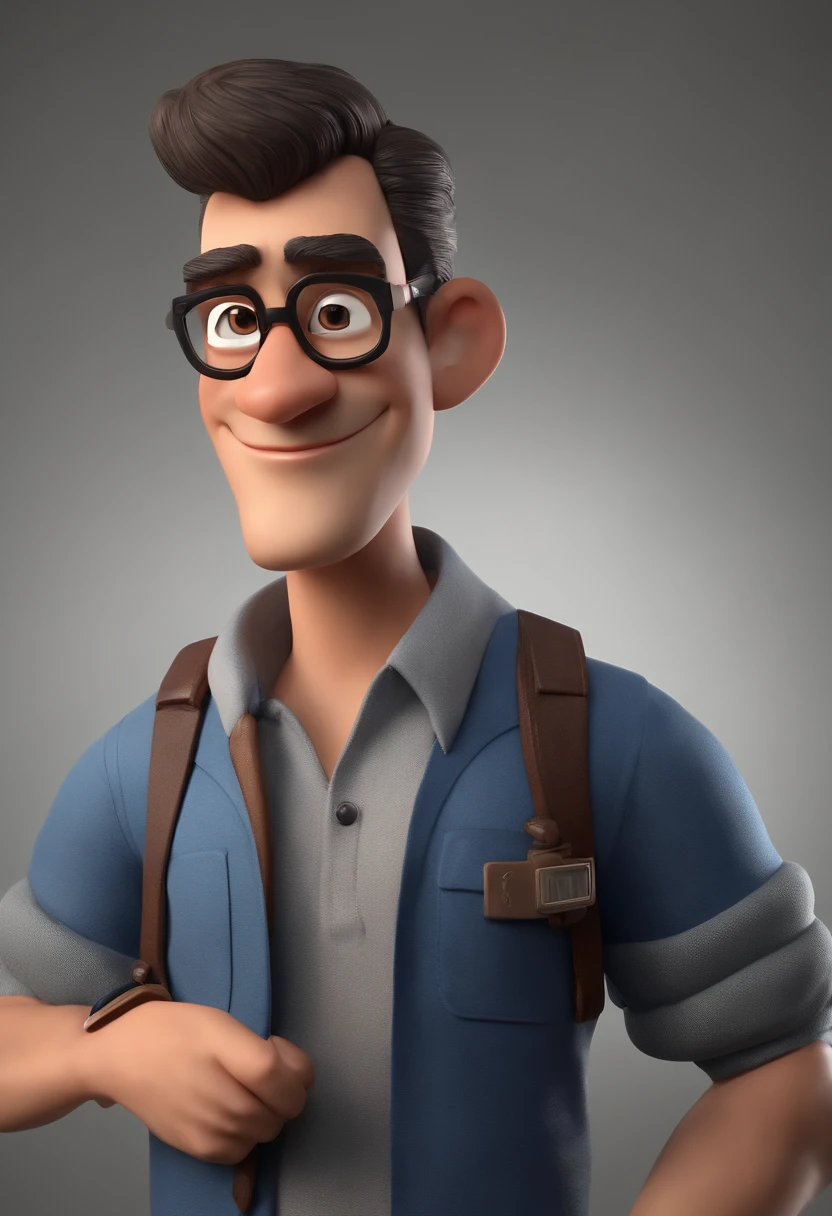 Cartoon character of a man with black glasses, cabelo cacheado marrom escuro e uma camisa azul, animation character, Caractere estilizado, animation style rendering, 3D estilizado, Arnold Maya render, 3 d render stylized, toon render keyshot, Personagem 3D, Personagem 3D, 3d rendering stylized, 3 d character render, personagem de desenho animado, Personagem de close up, Pose de personagem, (Estilo Pixar) (master part:1.2) (Bokeh) (best quality) (pele detalhada) (textura detalhada) (8k) (argila) (Cinematic lighting) (foco nítido