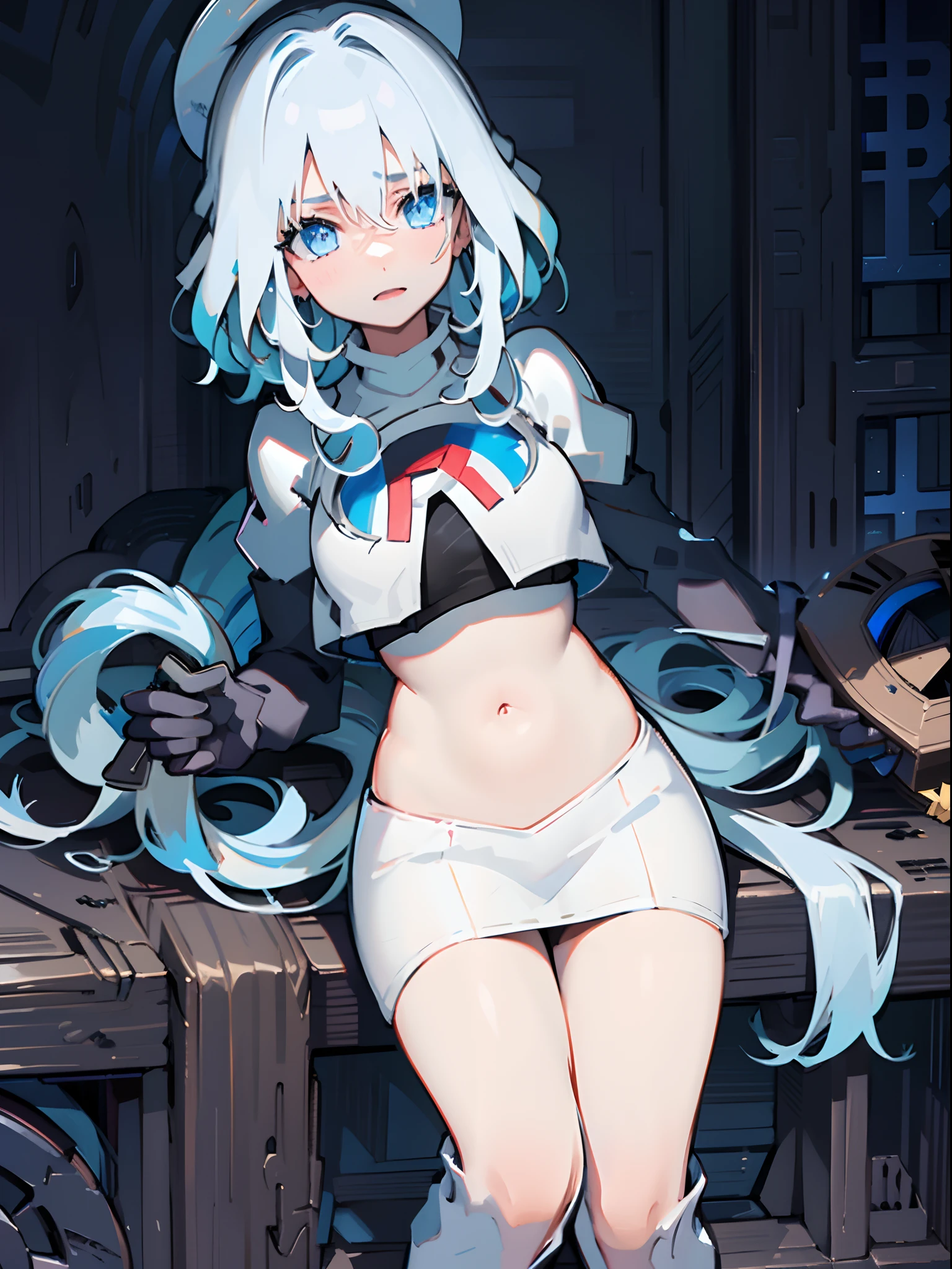 furina, 1girl, solo, long hair, blue eyes, jewelry, blue hair, ahoge, blue hair, white hair, heart, streaked hair, symbol-shaped pupils,blue headwear, top hat,team rocket,team rocket uniform,white skirt,crop top, black thigh-high boots,black elbow gloves,