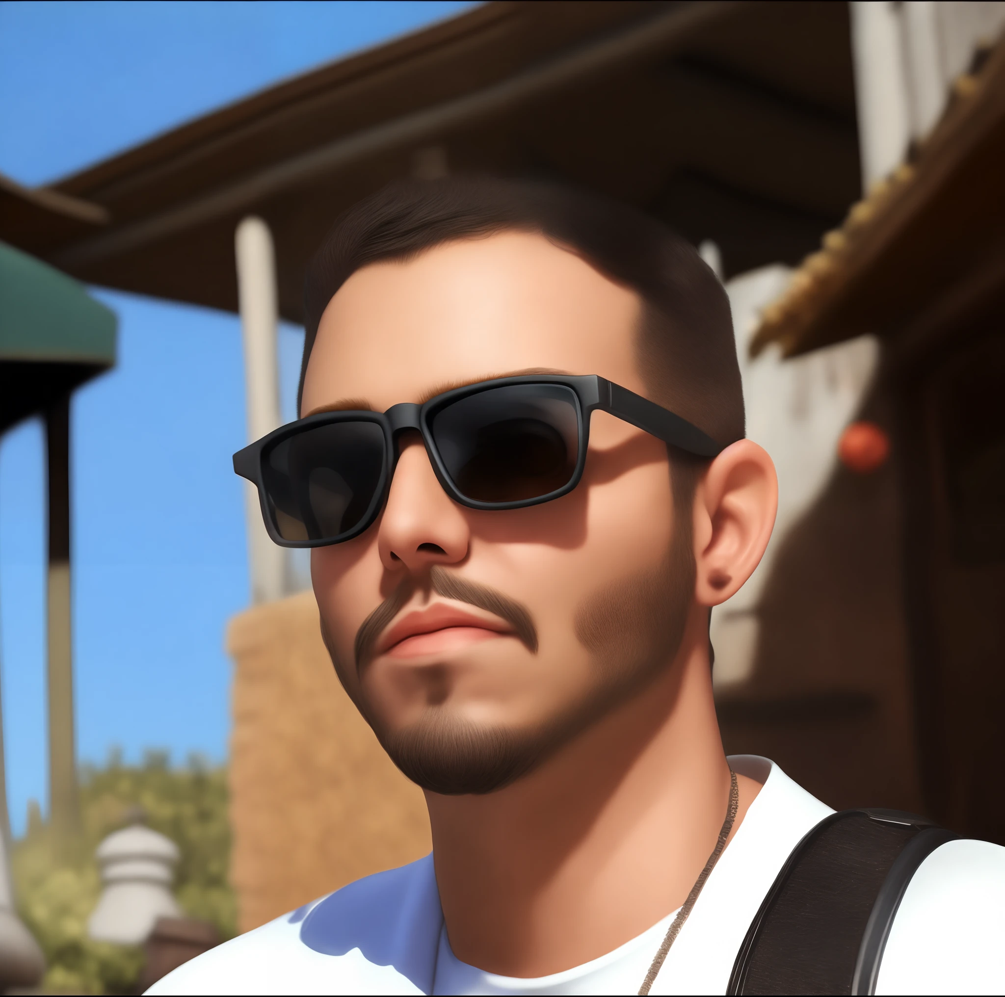 Homem com barba preta, glasses with black lens, casas de fundo, Pintura digital,cinemactic,design de personagens por mark ryden e pixar e hayao miyazaki, Unreal 5, DAZ, hiper-realista, octan render, em uma taverna medieval