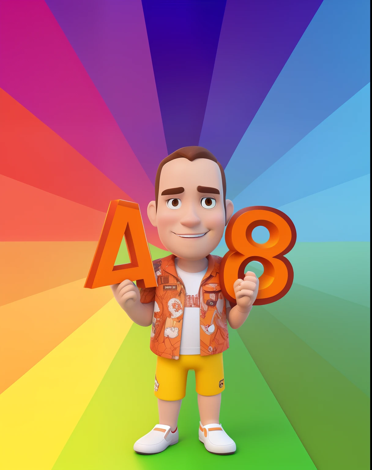 Cartoon man holding a number with a rainbow background, cheio de cor 8-w 1024, Homem de 4 0 anos, 38 anos, Retrato de Jerma985, illustration 8 k, 3 6 anos, Fotografia selfie 8k, 4 5 I, 3 d render de jerma 9 8 5, Arte digital H 9 6 0 no estilo Disney pixar melhor qualidade, maior qualidade.