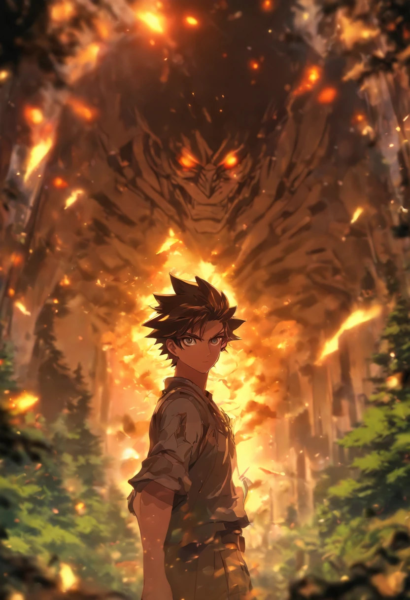 foreshortening,  depth of fields, Master parts, Best quality, A guy who survived, Brown hair, with brown eye,  short  hair, at a forest, airbubble, soio, looki at viewer, Wear the clothes of an apocalyptic survivor,Sorivenjo,  Dim sunlight,great，the emperor
