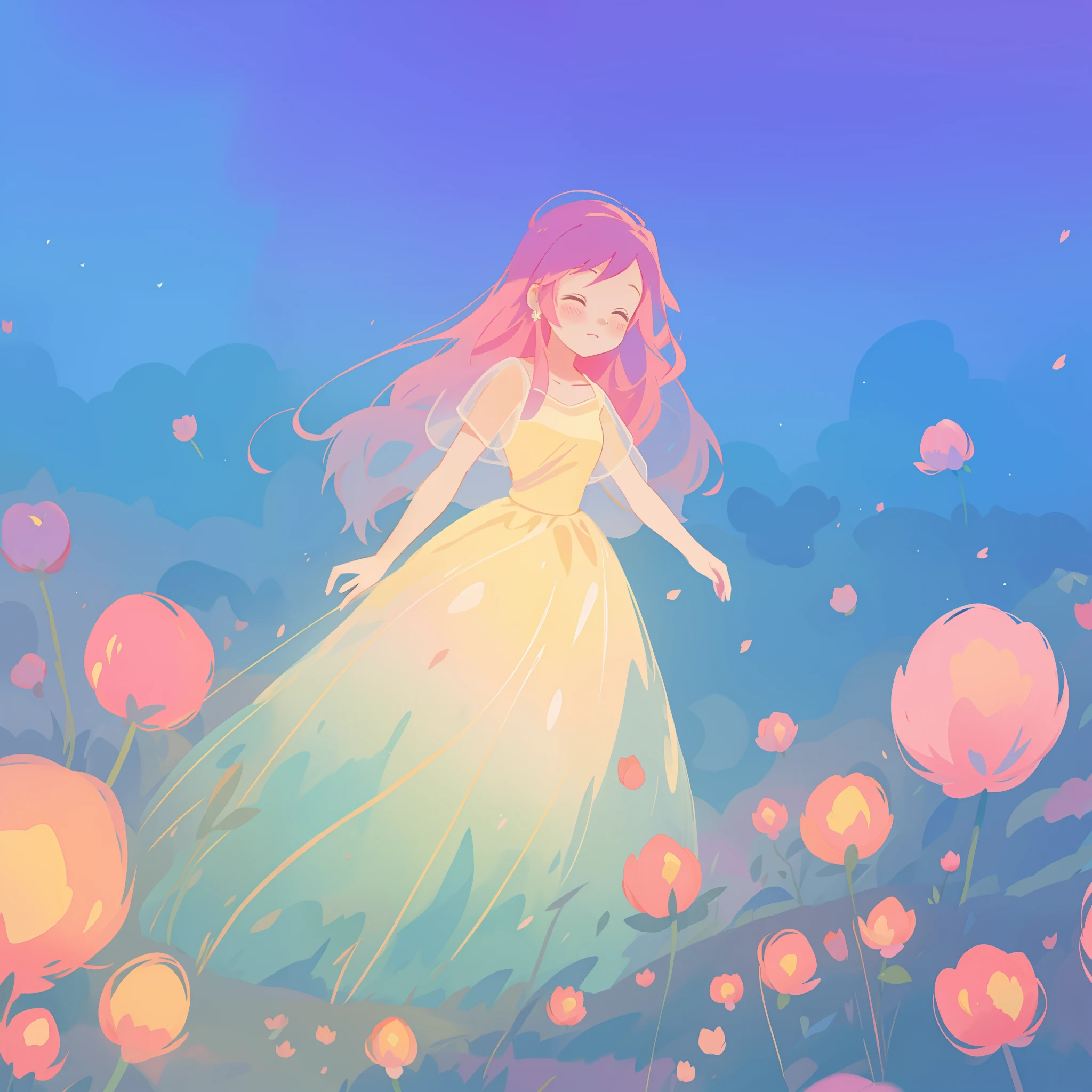 beautiful girl in puffy gradient ballgown, a field with round puffball pink flowers, otherworldly flowers, whimsical landscape, long pink flowing hair, watercolor illustration, inspired by Glen Keane, inspired by Lois van Baarle, disney art style, by Lois van Baarle, by Glen Keane, jen bartel, digital painting, beautiful digital illustration, fantasia otherworldly landscape plants flowers, beautiful, masterpiece, best quality, anime disney style