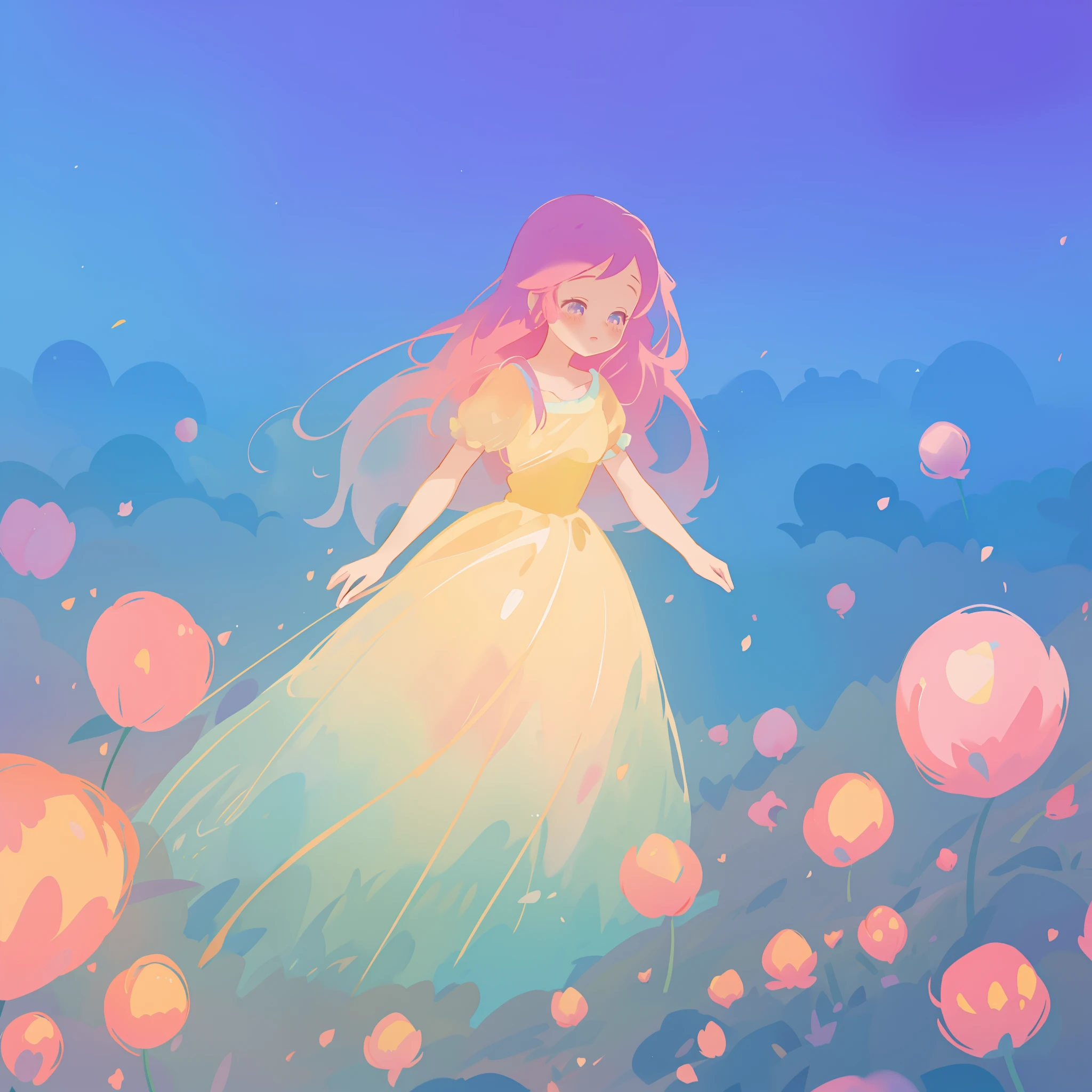 beautiful girl in puffy gradient ballgown, a field with round puffball pink flowers, otherworldly flowers, whimsical landscape, long pink flowing hair, watercolor illustration, inspired by Glen Keane, inspired by Lois van Baarle, disney art style, by Lois van Baarle, by Glen Keane, jen bartel, digital painting, beautiful digital illustration, fantasia otherworldly landscape plants flowers, beautiful, masterpiece, best quality, anime disney style