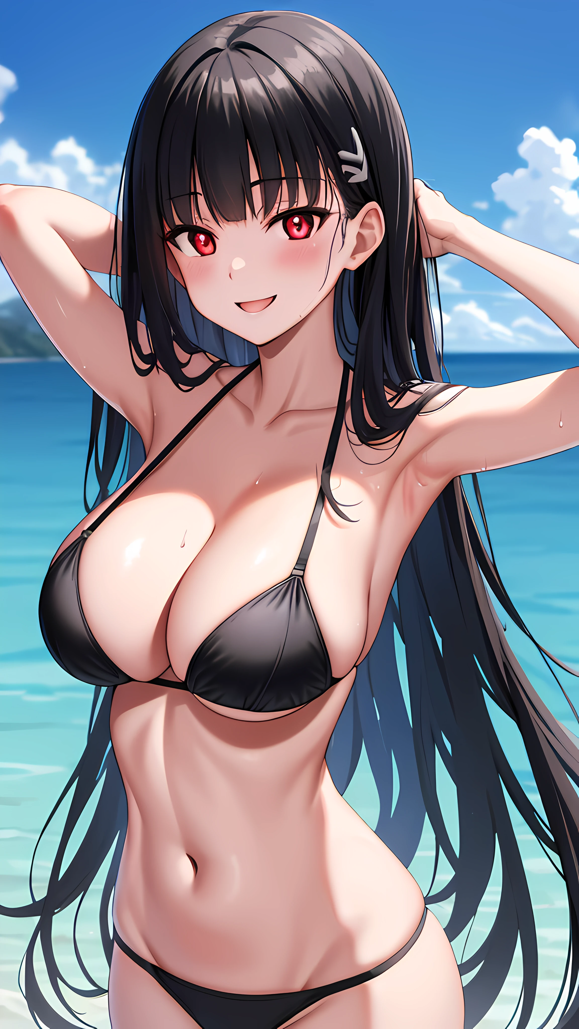 (best quality, masterpiece, ultra-detailed, perfect pixels, 4k Wallpaper, HDR, UHD), Rio(Blue Archive), Raised sexy, Cleavage is seductive, big breasts, long hair, beauty breast, cropped shoulders, Half of the body is in water, arms behind head, Arms up, Invisible hands,blunt bangs, Bikini, Blue sky, cleavage,(Wet and transparent black bra), (Wet and transparent black panties),seductive, Smile, Open-mouthed, solo, blush, pov, from below, Light smile, black hair, red eyes, bikini, huge tits