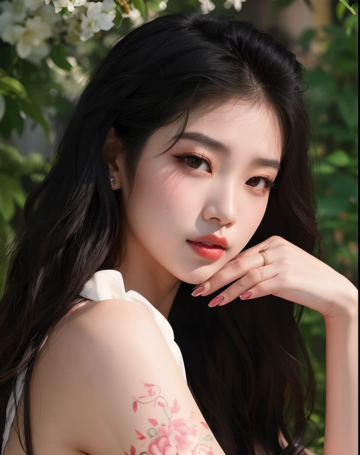 there is a woman with a tattoo on her arm posing for a picture, maquiagem sul-coreana popular, Jinyoung Canela, Mulher sul-coreana bonita, maquiagem coreana popular, mulher coreana jovem bonita, Ulzzang, Jaeyeon Nam, coreana, Bae Suzy, jennie blackpink, beautiful aesthetic face, asian features, linda mulher coreana jovem, lindo rosto delicado, Sakimichan