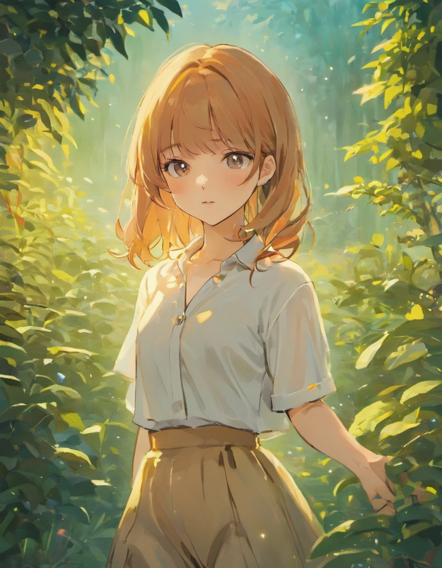 "(best quality,4k,8k,highres,masterpiece:1.2),ultra-detailed,(realistic,photorealistic,photo-realistic:1.37),concept artists,professional,studio lighting,vivid colors,sharp focus,physically-based rendering,extreme detail description,portraits,landscape,bokeh"
A girl in a garden, wearing a top that is smart, casual, and loosely strapped culottes. The culottes are in a subtle peach color with hints of amber-brown and orange-yellow. The girl complements her outfit with a white linen or cotton shirt, creating a simple and elegant look. The garden surrounding her is meticulously designed with vibrant colors and sharp details to create a realistic and visually stunning scene. The lighting in the garden is soft, yet strategically placed to highlight the girl's features and the overall composition of the artwork.