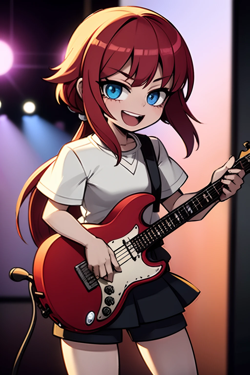 (vibrant colors, super colors, digital drawing style: 1.1), (pleasant atmosphere, fun: 1.1, fun, exciting), holding a guitar, (diffuse lighting), (rock concert, big show), (anime style: 1.1, hand-drawn, super detailed), (symmetry), (no anomalies)